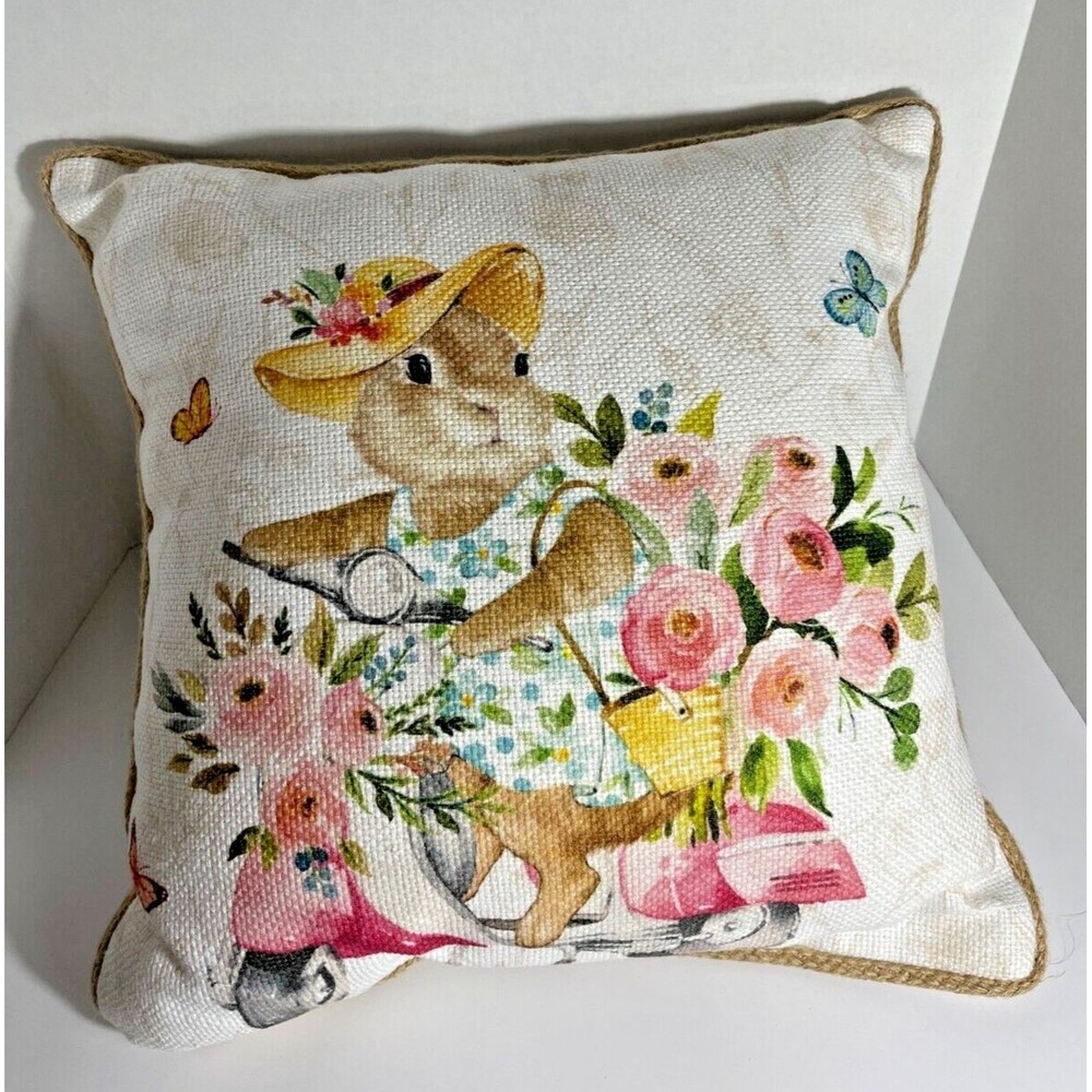 Throw Pillow‎ Bunny Rabbit Butterfly Flowers Scooter Easter 16×16" Unbranded